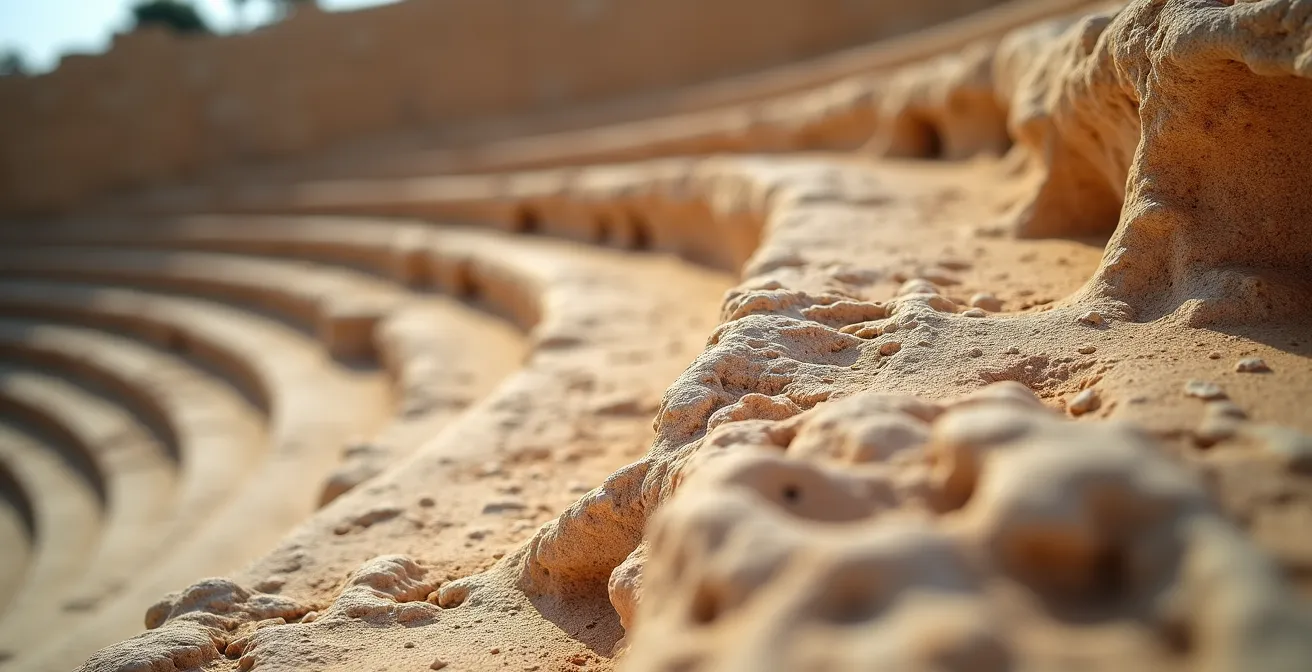 Vue macro des pierres calcaires texturées de l'amphithéâtre montrant les propriétés acoustiques