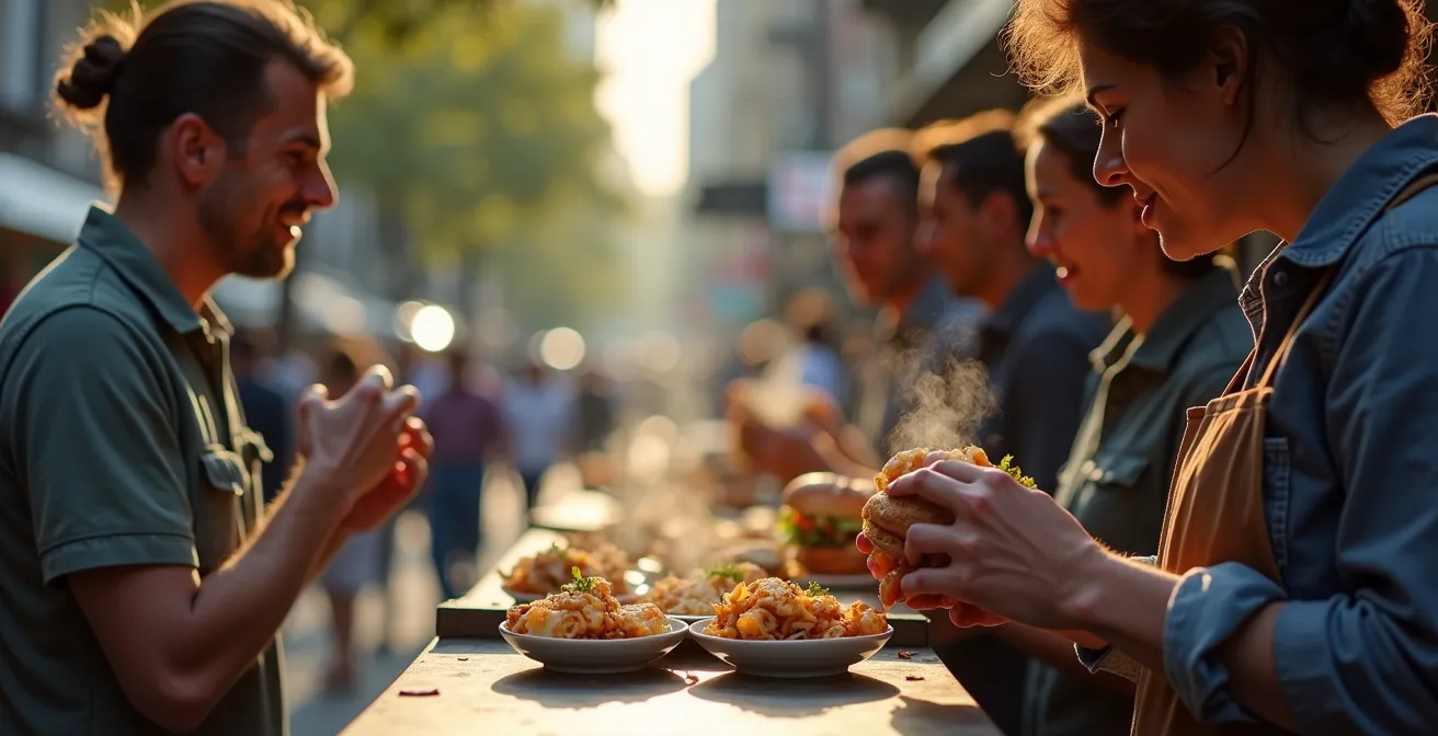 Scène de vie d'un stand de street food avec clients debout au comptoir