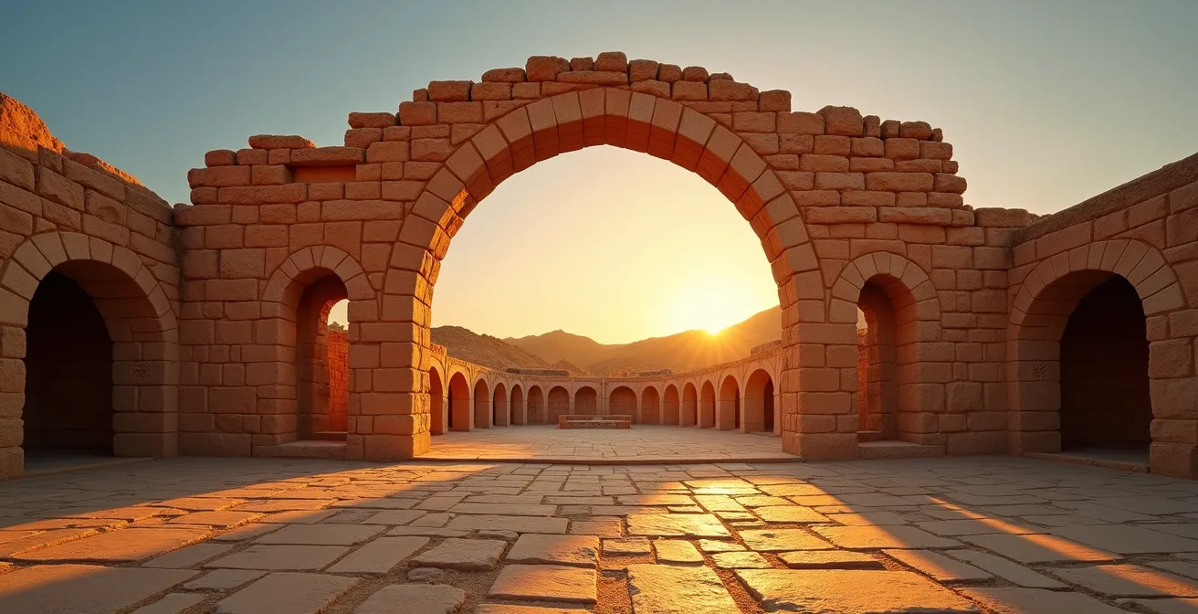 Amphithéâtre d'El Jem baigné dans la lumière dorée du coucher de soleil avec ombres dramatiques