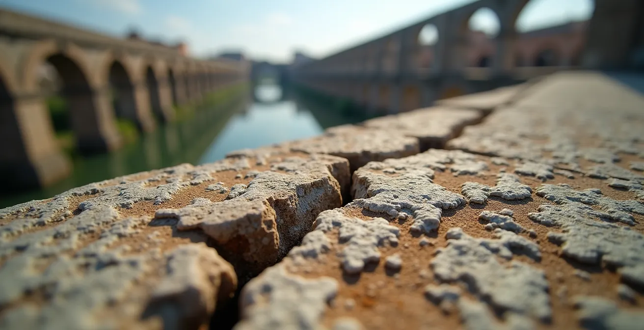 Arches majestueuses de l'aqueduc romain de Zaghouan traversant la campagne tunisienne avec les montagnes en arrière-plan