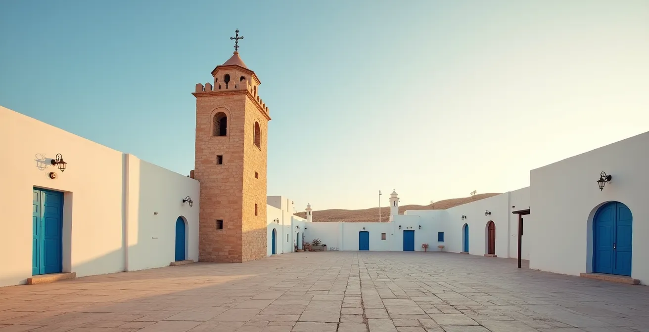 Vue du minaret octogonal de Testour au coucher du soleil, symbole de l'héritage andalou