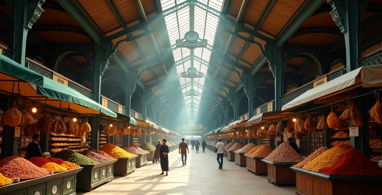 Vue large de l'intérieur du marché montrant les allées et la structure métallique historique