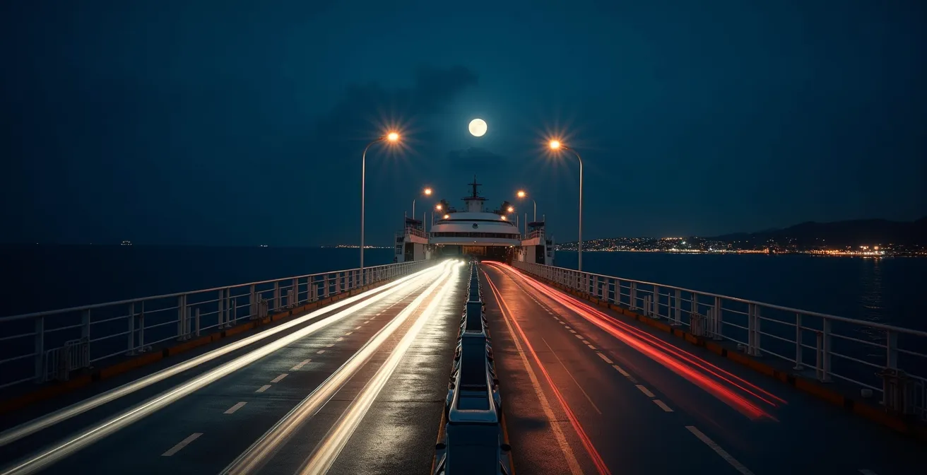 Traversée nocturne du bac de Djerba avec les phares des voitures illuminant le ferry