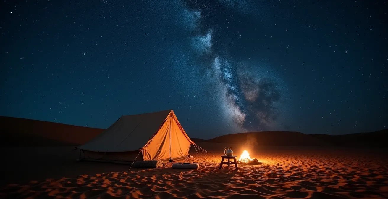 Campement nomade minimaliste sous la voûte étoilée du Sahara avec feu de camp
