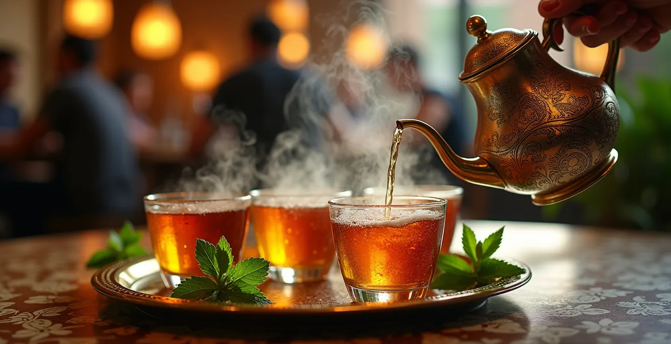 Ambiance chaleureuse d'un café maure traditionnel en soirée avec familles et amis