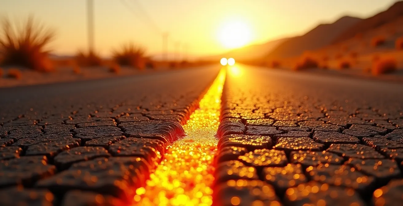 Effet de mirage et chaleur extrême sur une route désertique tunisienne en plein été