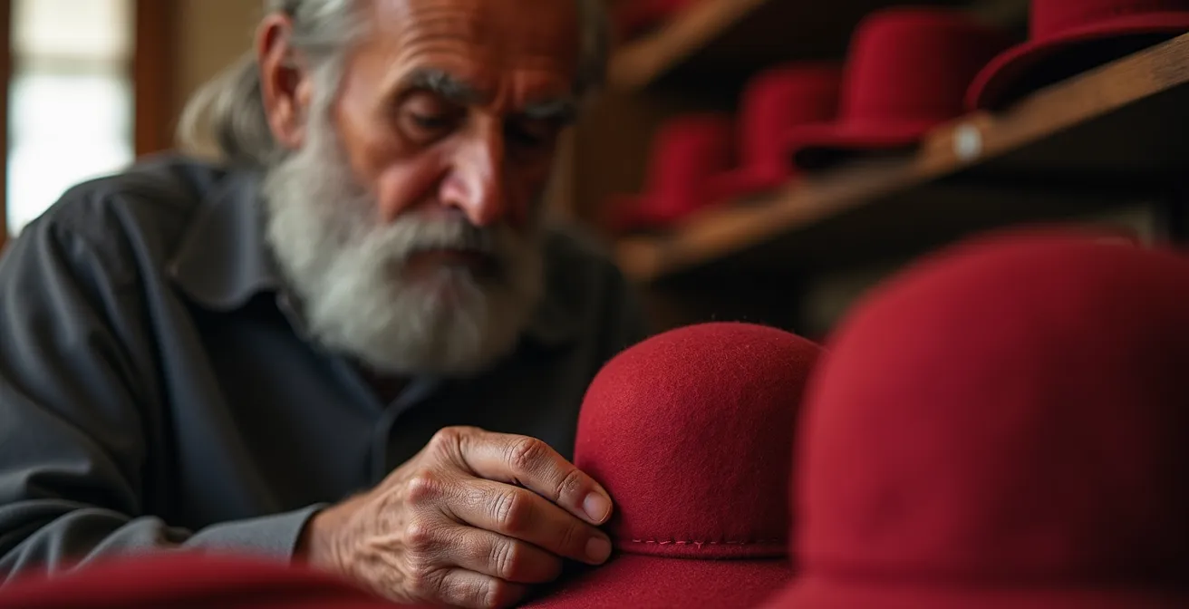Artisan tunisien travaillant sur une chechia rouge traditionnelle dans son atelier