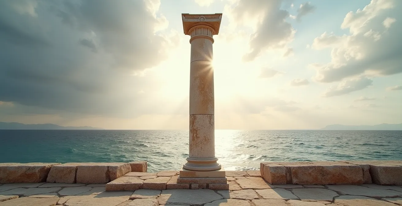 Colonnade monumentale reconstituée des Thermes d'Antonin de Carthage avec vue sur la mer Méditerranée