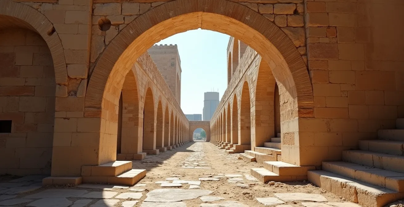 Vue en coupe architecturale montrant les structures internes préservées de l'amphithéâtre d'El Jem