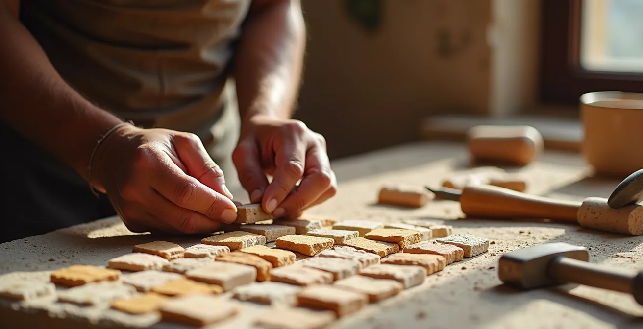 Artisan tunisien posant des tesselles à la main selon la méthode traditionnelle directe