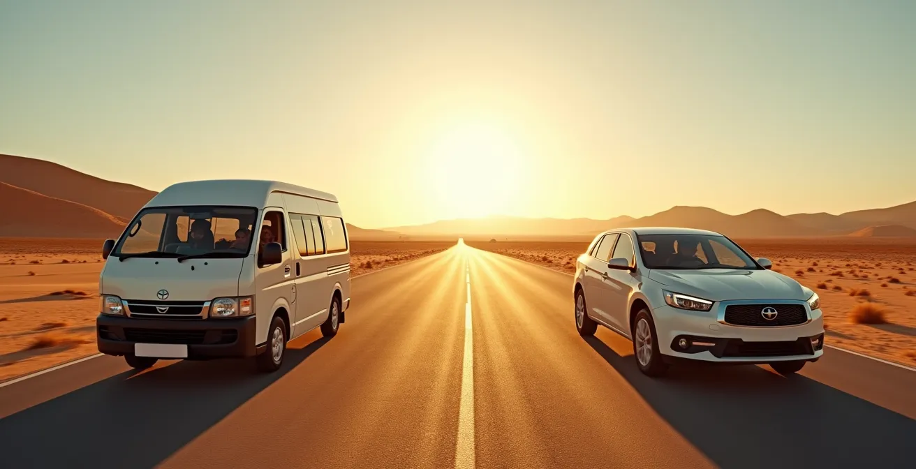 Vue panoramique d'une route du désert tunisien avec un louage et une voiture de location à un carrefour, symbolisant le choix du mode de transport.