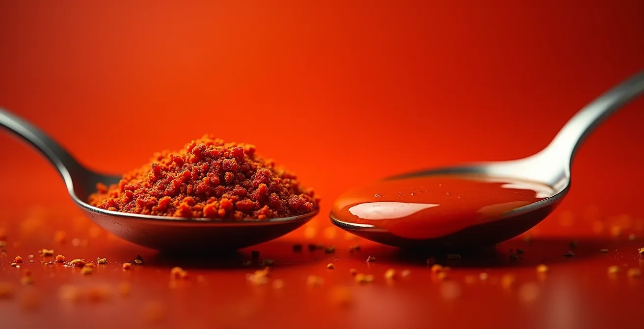 Comparaison visuelle entre la texture épaisse et granuleuse de la harissa et la consistance liquide du Tabasco, avec des piments frais à côté.