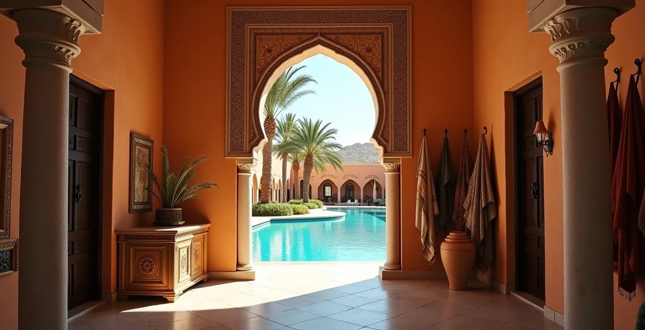 Contraste entre une piscine d'hôtel moderne et les ruelles authentiques d'une médina tunisienne