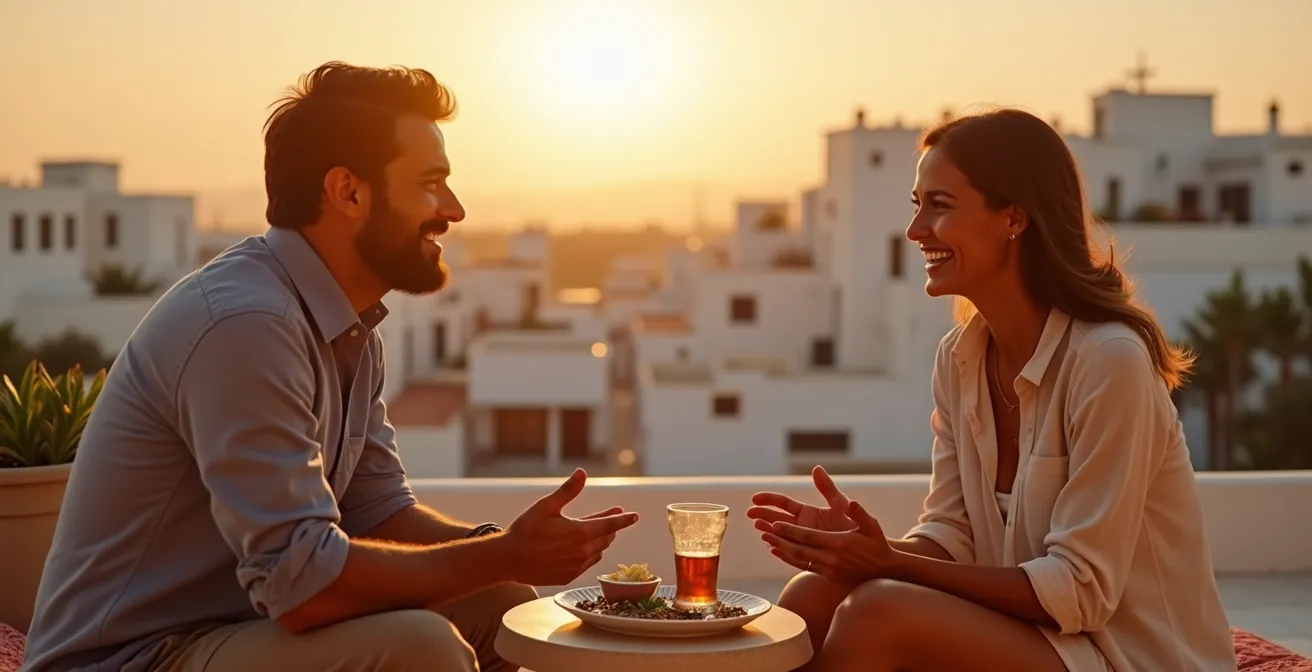 Moment convivial de discussion entre invités sur une terrasse tunisienne