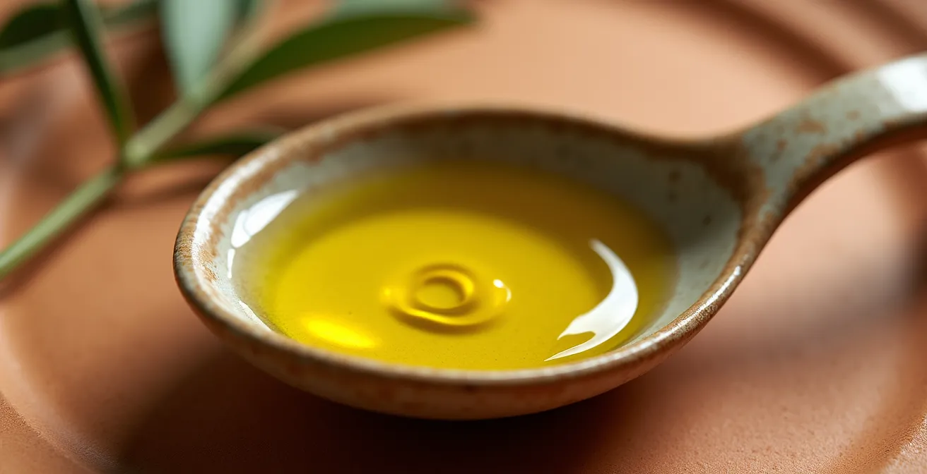 Gros plan sur une cuillère d'huile d'olive dorée avec reflets ambrés