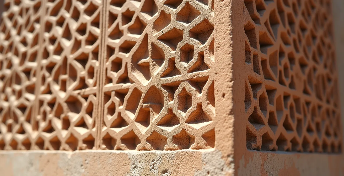 Gros plan sur les détails géométriques d'un minaret carré maghrébin avec jeu d'ombre et lumière