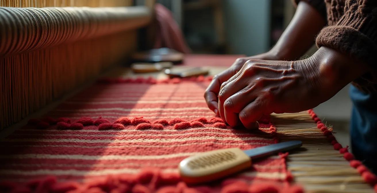 Détail du nouage manuel d'un tapis de Kairouan montrant la technique traditionnelle