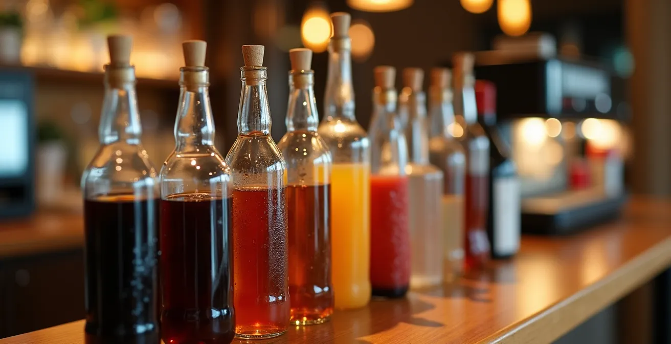 Gros plan sur une table de buffet avec différentes boissons montrant la hiérarchie des prestations