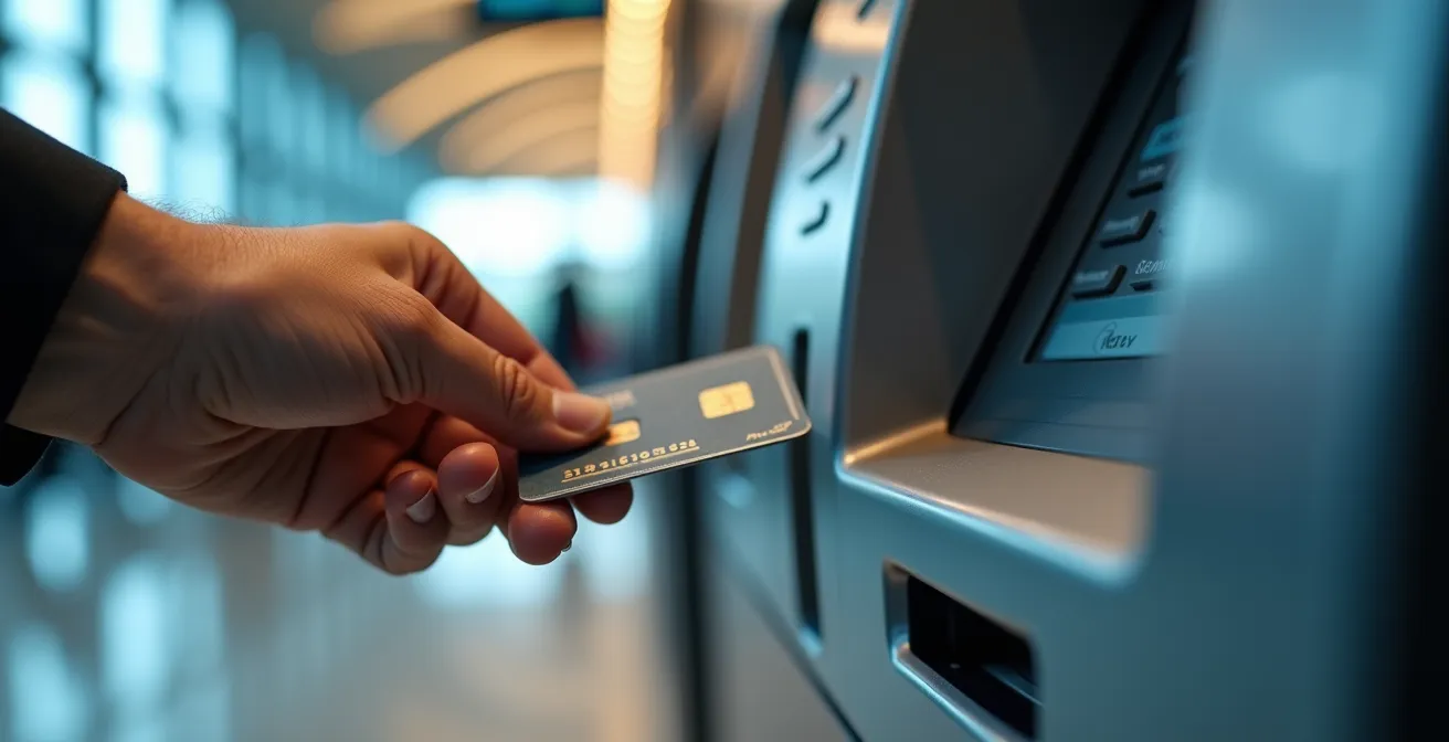 Main insérant une carte bancaire dans un distributeur automatique moderne