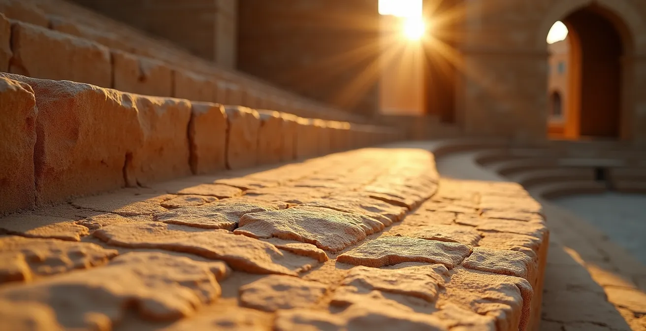 Intérieur de l'amphithéâtre d'El Jem au lever du soleil avec jeux d'ombres et de lumières