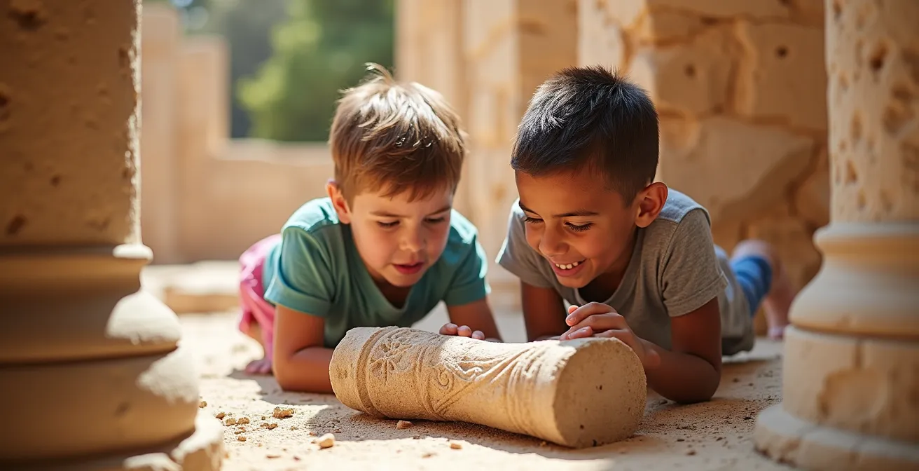 Enfants jouant près de colonnes antiques dans un site archéologique tunisien ensoleillé