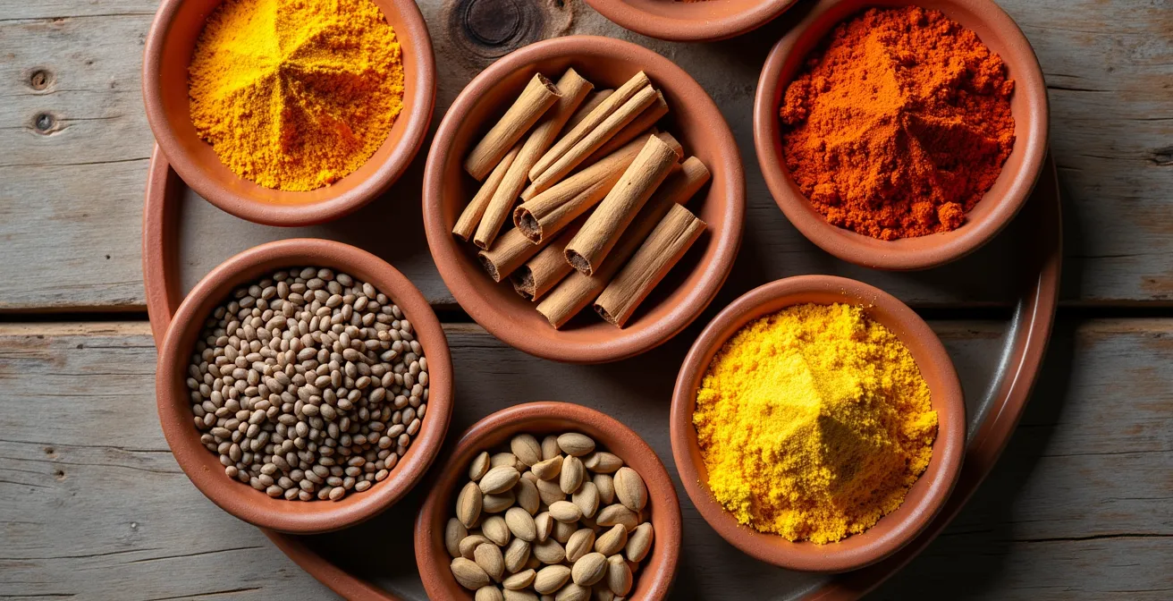 Épices traditionnelles pour le couscous au poisson disposées en cercle