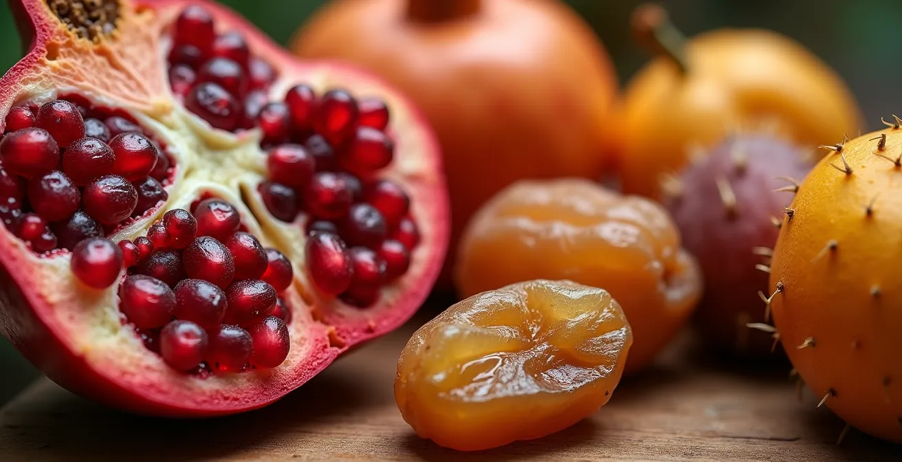 Gros plan sur grenades éclatées, dattes dorées et figues de barbarie disposées artistiquement
