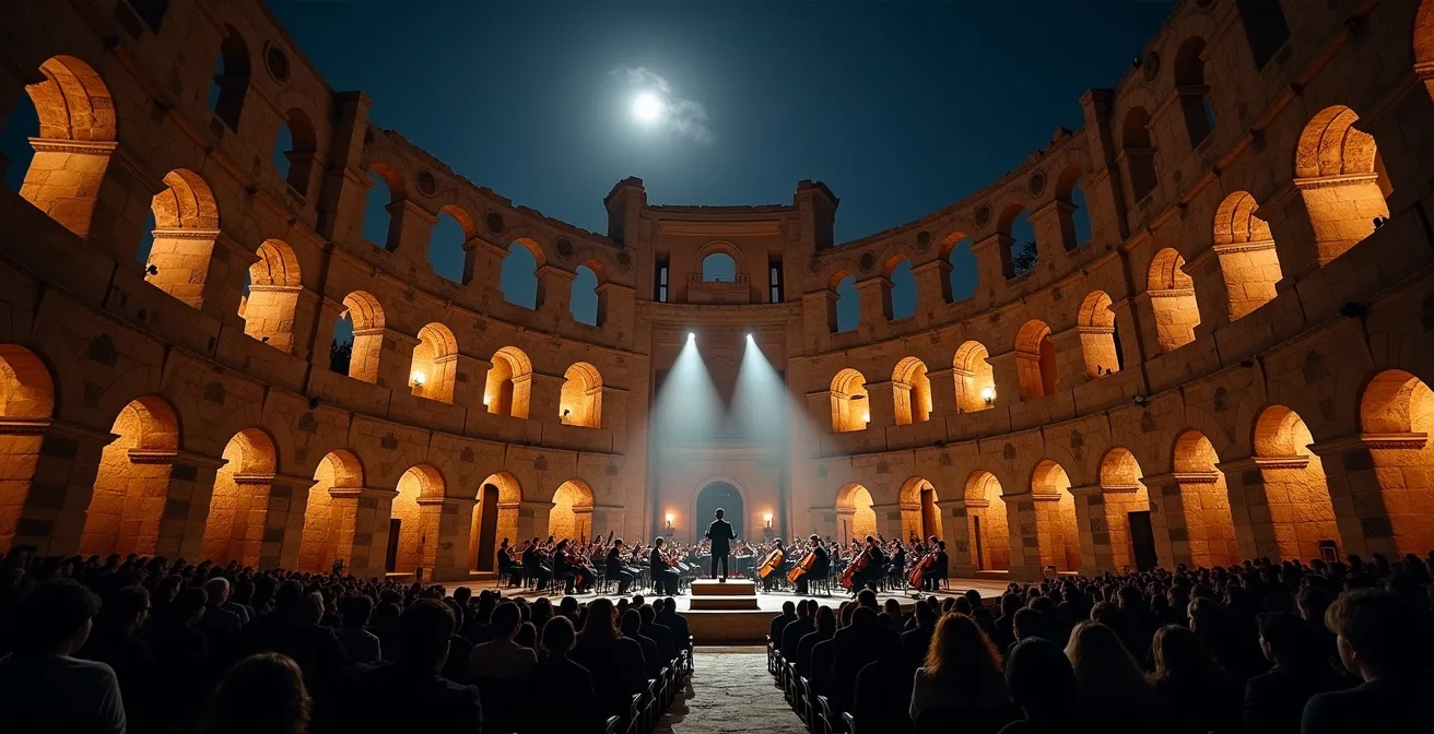 Concert symphonique dans l'arène d'El Jem illuminée la nuit avec musiciens et spectateurs
