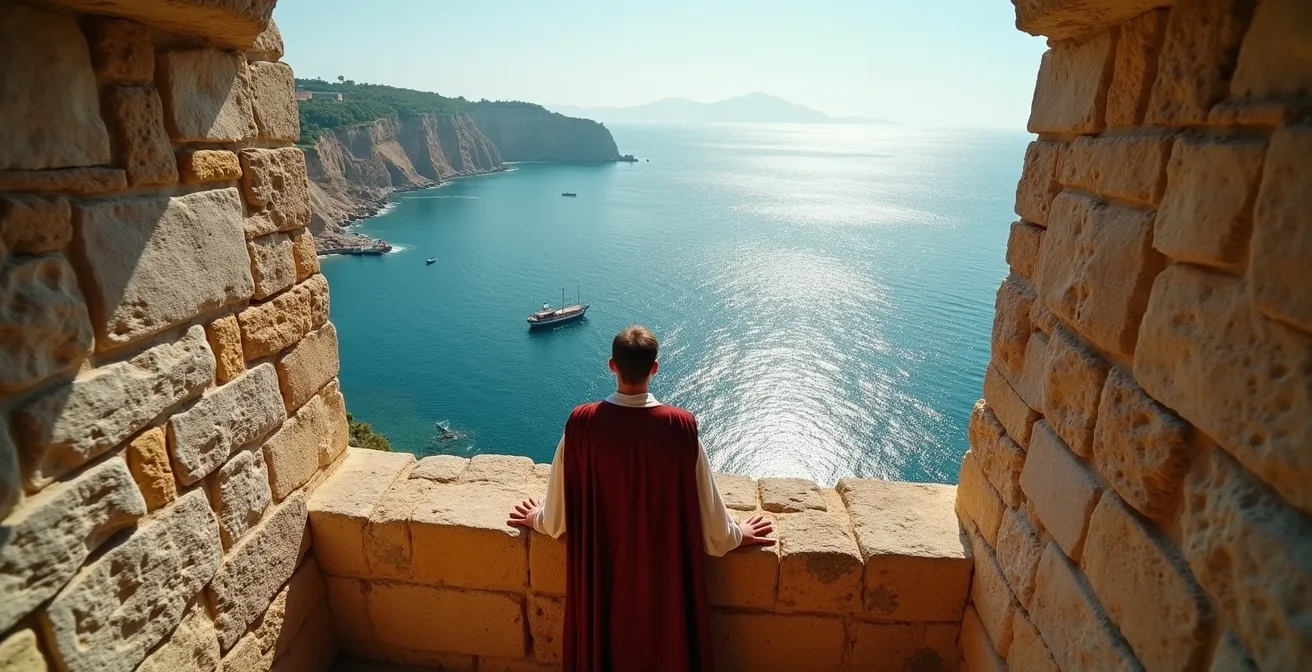 Vue panoramique depuis un fort dominant un détroit maritime avec horizon lointain