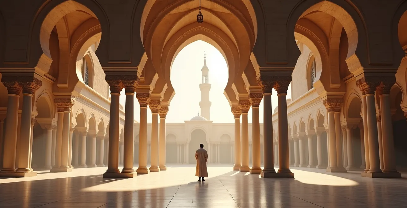 Cour intérieure de la Grande Mosquée de Kairouan avec ses colonnes antiques et ses arcs en fer à cheval sous la lumière matinale