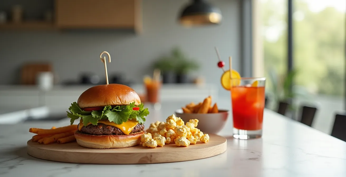 Présentation de plats modernes utilisant la harissa : un burger avec une mayonnaise à la harissa, du popcorn épicé et un cocktail rouge de type Bloody Mary.