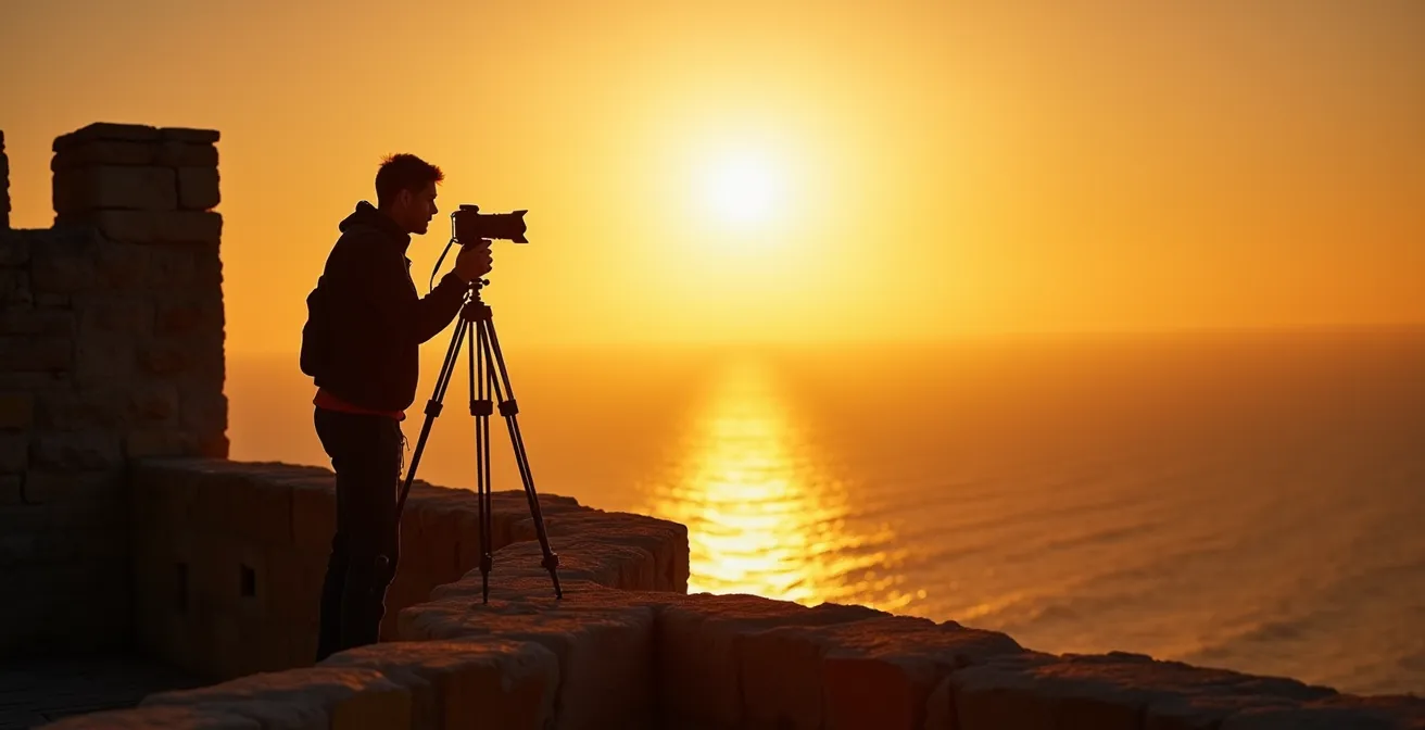 Photographe silhouetté capturant le coucher de soleil depuis une tour fortifiée avec vue sur la mer