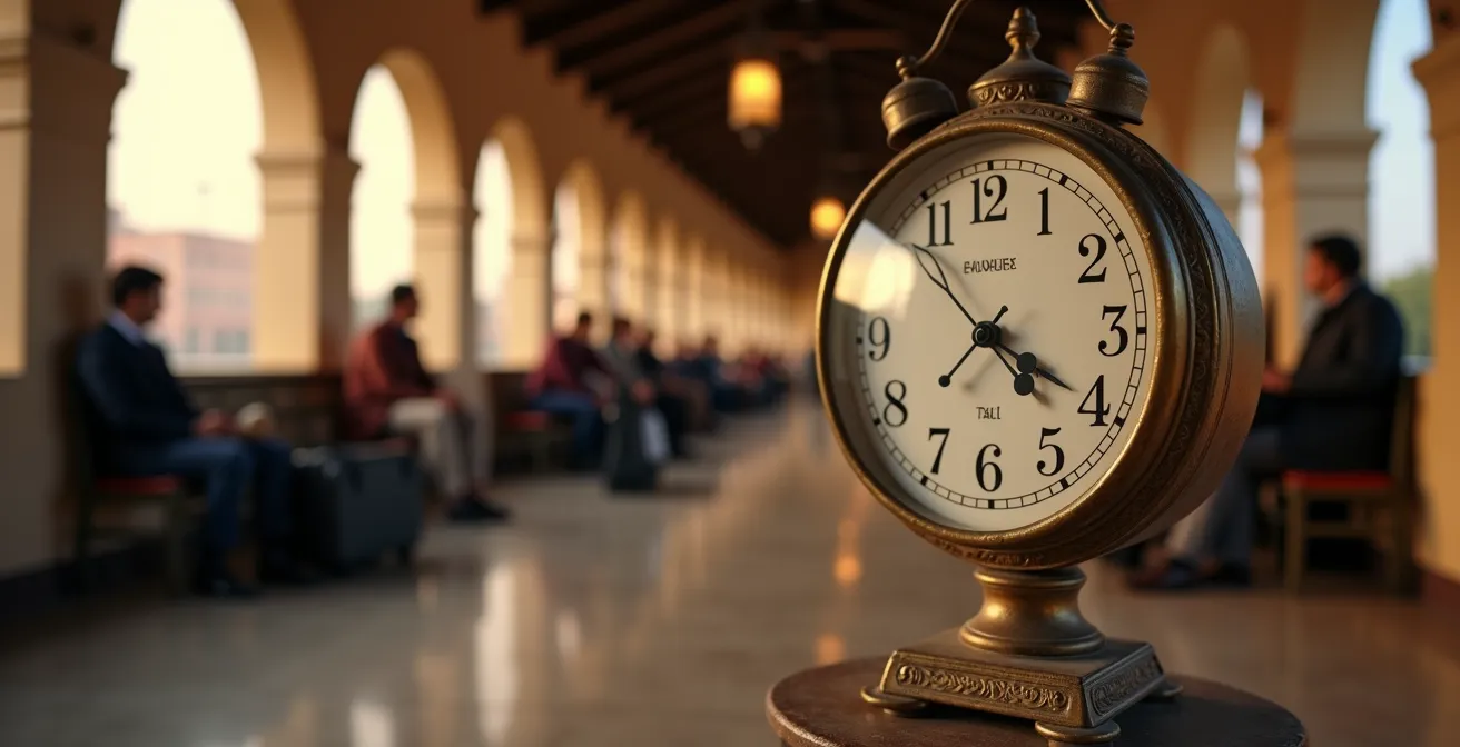 Voyageurs attendant dans une gare tunisienne avec une horloge ancienne au premier plan