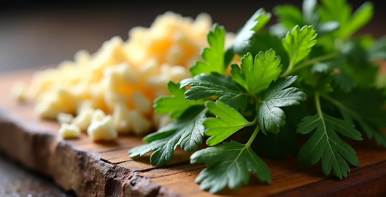 Gros plan sur un bouquet de persil frais et différents fromages méditerranéens sur une planche en bois
