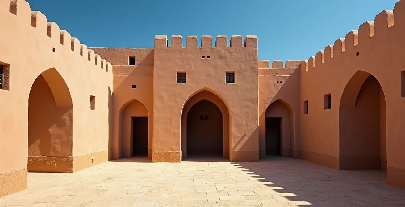 Architecture berbère traditionnelle d'un ksar dans le sud tunisien avec ses greniers fortifiés en pisé sous un ciel bleu intense