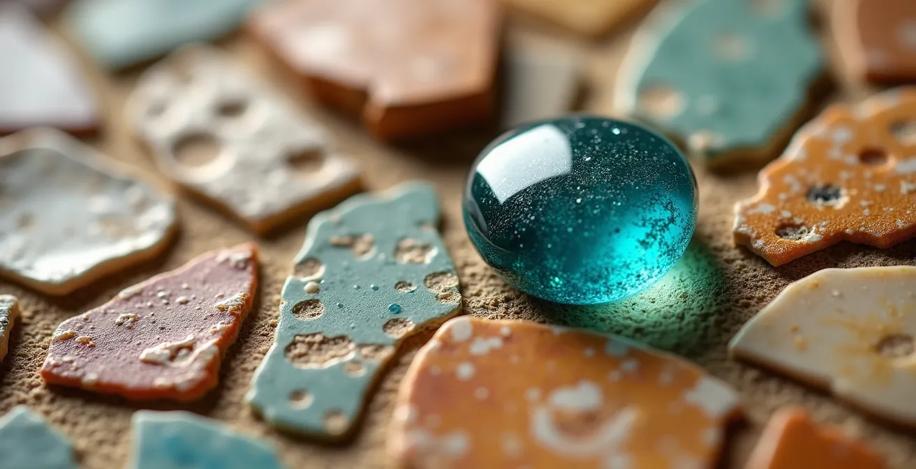 Vue macro de tesselles antiques montrant les textures et variations des minéraux