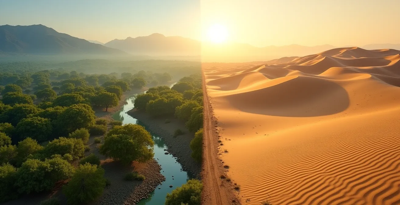 Contraste visuel entre les forêts vertes du Nord tunisien et les dunes dorées du Sud