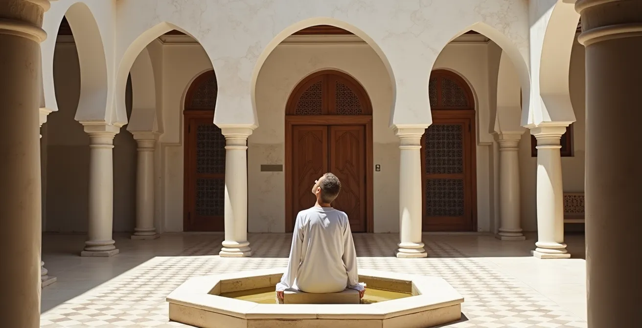 Patio central d'une maison traditionnelle tunisienne avec colonnes et galeries