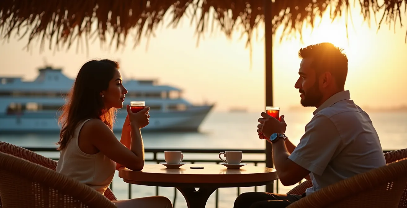 Terrasse de café à Jorf avec vue sur les bacs et la mer Méditerranée