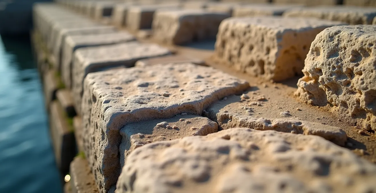 Vue aérienne reconstituée d'un port militaire circulaire antique avec ses structures défensives