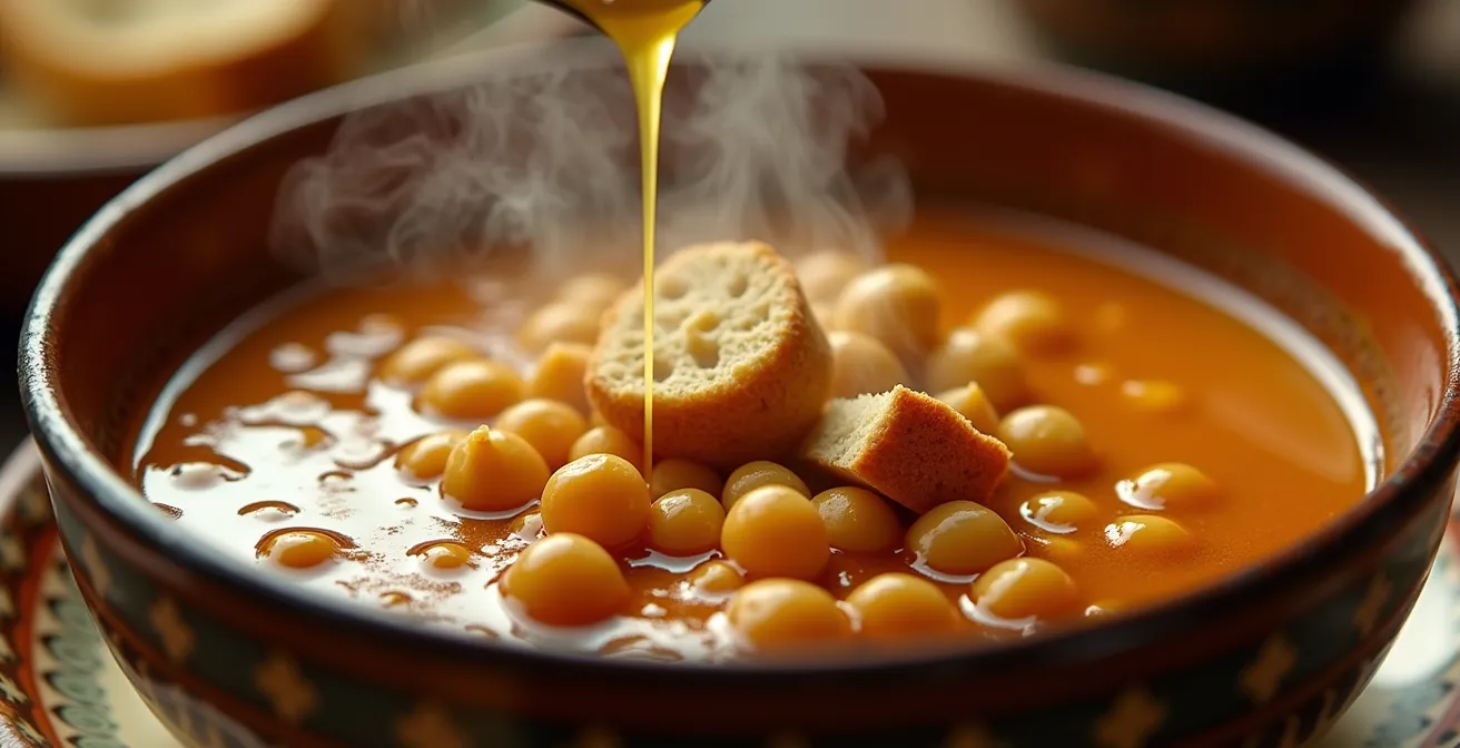 Préparation traditionnelle du lablebi tunisien avec vapeur montant du bol de pois chiches chauds