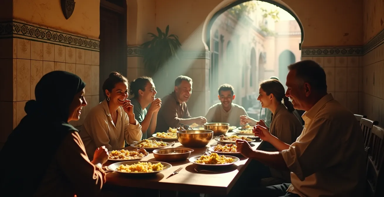 Vue d'ensemble d'un restaurant familial tunisien avec des habitants locaux partageant un repas traditionnel