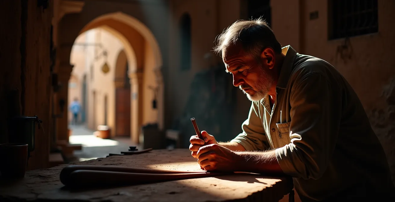 Artisan travaillant le cuivre dans une ruelle ombragée de la médina de Sousse