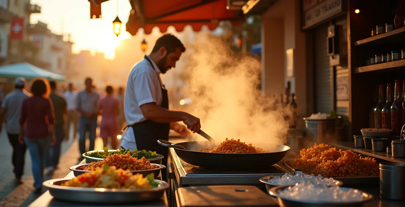 Stand de street food tunisien avec préparation de fricassé devant les clients, huile dorée et ingrédients frais