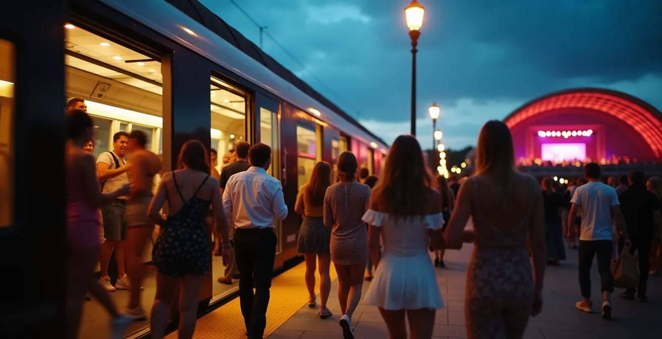 Vue nocturne de la station TGM Carthage Présidence avec des spectateurs descendant du train moderne éclairé