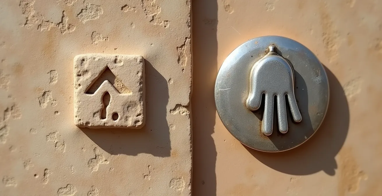 Main de Fatma moderne et signe de Tanit ancien côte à côte montrant la continuité symbolique