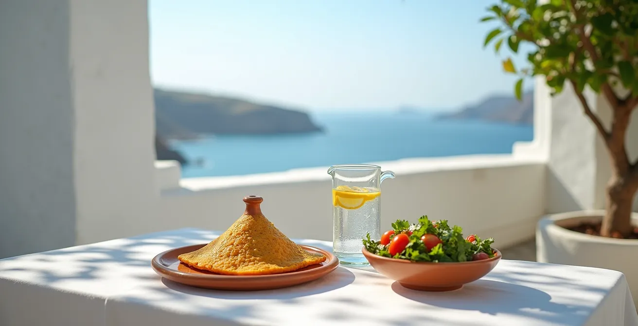 Table méditerranéenne en terrasse ombragée avec tajine tunisien découpé et accompagnements frais