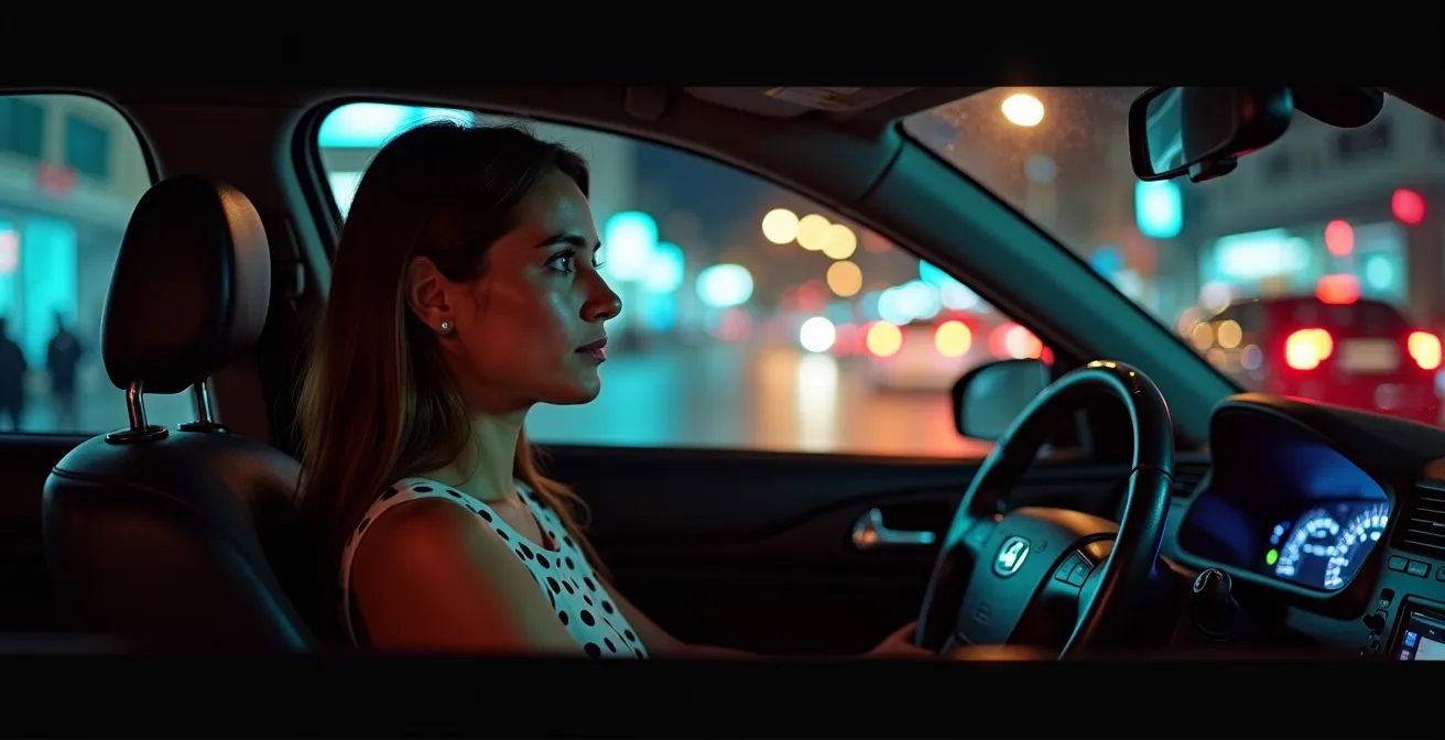 Vue nocturne d'un taxi tunisien avec éclairage urbain en arrière-plan