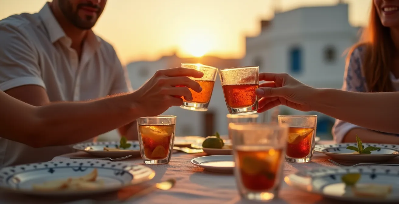 Terrasse tunisienne au crépuscule d'été avec service du thé à la menthe, ambiance dorée et conviviale