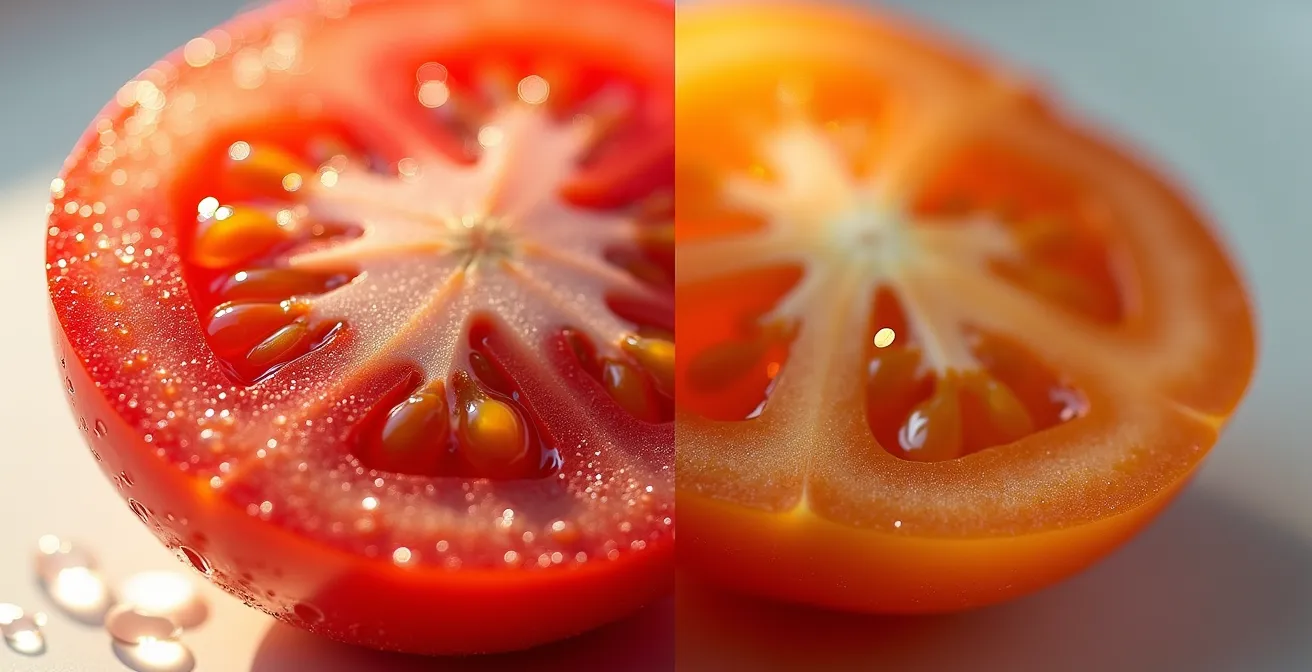 Comparaison visuelle entre tomates d'été gorgées de soleil et tomates d'hiver de serre